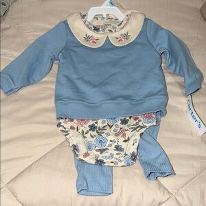 Carter's Light Blue Top, Floral Bodysuit & Cream Collar Set